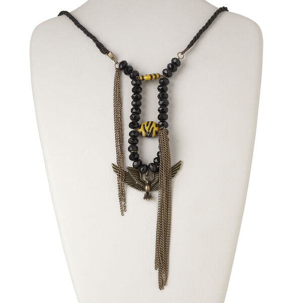 Necklace, antiqued brass / nylon / steel, black and yellow, 66x34mm single-sided eagle, 30-inch continuous loop. Sold individually. image number 0