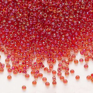 Seed bead, Miyuki, glass, pkg/25g, #11 rocaille, translucent scarlet-lined luster crystal clear (RR-3528).