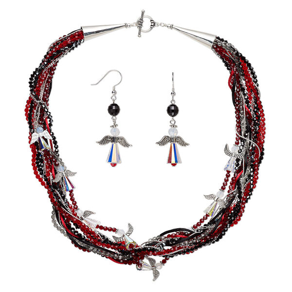 Necklace and earring set, One of a Kind Jewelry, crystal / sterling silver / antique silver-plated "pewter" (zinc-based alloy) / satin, red / black / crystal AB, 23 inches with toggle clasp and 2-1/2 inches with fishhook ear wire. Only one available. image number 0