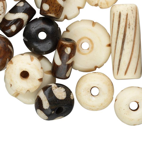 Bead mix, bone (dyed / bleached), 7x5mm-14x14mm mixed shape, Mohs hardness 2-1/2. Sold per 50-gram pkg, approximately 60-90 beads. image number 0
