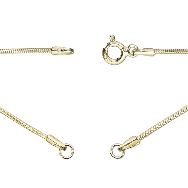 Sterling silver "vermeil" 1pkg1, 1.1mm snake chain necklace component, 16.75 inch / 5mm springring clasp / 3.5mm jump ring gold-plated image number 0