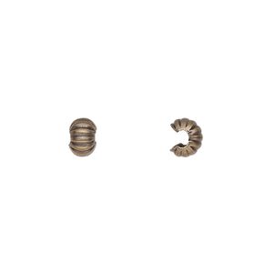 Crimp cover, antique gold-plated brass, 5x4.5mm corrugated rondelle. Sold per pkg of 100.