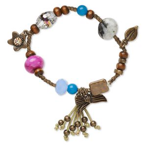 Agate / wood / glass 1pkg1, antique brass finished stretch bracelet 6 inch 13mm