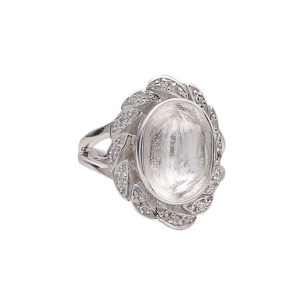 Ring, Almost Instant Jewelry®, rhodium-plated sterling silver and cubic zirconia, clear, 21.5mm wide with fancy design and 14x10mm oval glue-in setting, size 7. Sold individually. image number 0