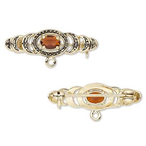 Brooch, cubic zirconia and antique gold-finished bronze, garnet red, 28x9mm with 6x4mm faceted oval and closed loop. Sold individually.