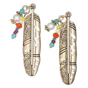 Focal, antique gold-finished "pewter" (zinc-based alloy) and glass, gold and multicolored, 44x11mm single-sided feather with steel jump rings and two headpin dangles with mix of small beads. Sold per pkg of 2.