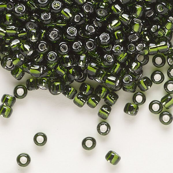 Seed bead, Dyna-Mites™, glass, transparent silver-lined olive green, #6 round. Sold per 40-gram pkg. image number 0