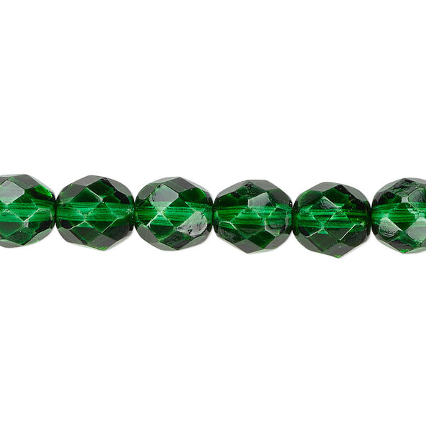 Bead, Czech fire-polished dipped décor glass, emerald green, 8mm faceted round. Sold per 15-1/2" to 16" strand, approximately 50 beads. image number 0
