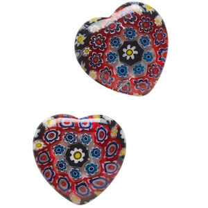 Bead, millefiori glass, translucent multicolored, 18-20mm half-drilled puffed heart with flower design. Sold per pkg of 2.