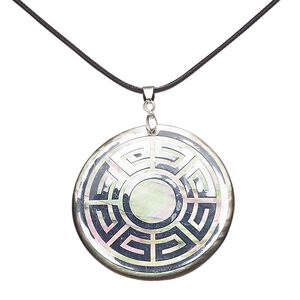 Necklace, black lip shell (coated) / waxed cotton cord / imitation rhodium-plated brass / steel, silver and black, 50mm round with swirl decal, 18 inches with 3-inch extender chain and lobster claw clasp. Sold individually.