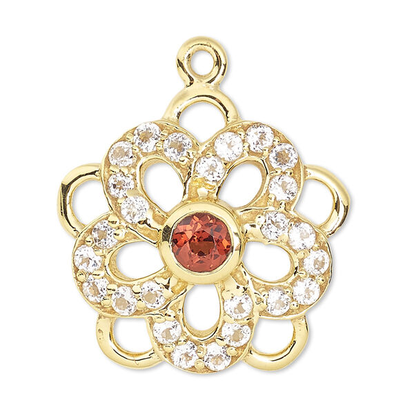 Drop, white topaz / garnet (natural) / gold-finished sterling silver, 16x15mm single-sided pentagon with cutouts. Sold individually. image number 0