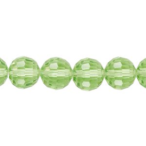 Bead, glass, translucent green, 9-10mm checkerboard faceted round. Sold per 7-inch strand, approximately 20 beads.