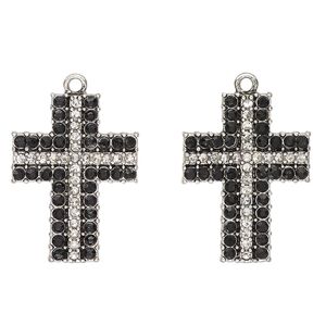 Drop, antique silver-finished "pewter" (zinc-based alloy) and glass, clear and black, 29x21mm-29x22mm cross. Sold per pkg of 2.