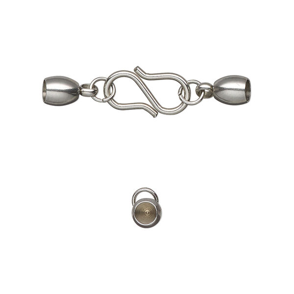 Clasp, S-hook, stainless steel, 30x7mm clasp with 13x7mm hook and 5.5x4.5mm glue-in bell ends, 3mm inside diameter. Sold individually. image number 0