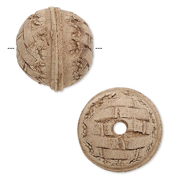 Bead, leather, brown, 16.5-20.5mm round with etched weave design. Sold individually. image number 0