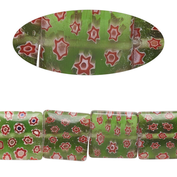 Bead, millefiori glass, translucent green / red / white, 11mm-13x12mm puffed square with flower design. Sold per 14-inch strand. image number 0