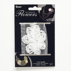 Sew-on component, fabric, white, 2-1/2 to 2-3/4 inch flower. Sold per pkg of 3.