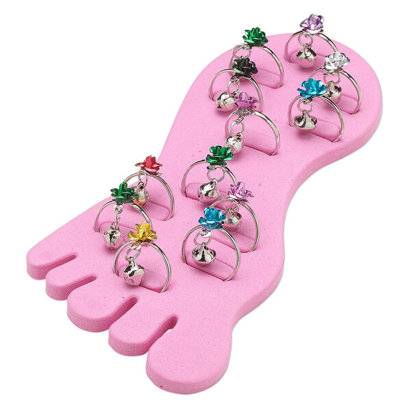 Ring mix, imitation rhodium-plated steel, mixed colors, 1mm wide with 9mm flower and bell, adjustable. Sold per pkg of 12. image number 0