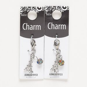 Charm, silver-finished "pewter" (zinc-based alloy) / steel / glass, multicolored, 18x9mm 3D Eiffel tower with 6mm ball and lobster claw clasp. Sold per pkg of 2.