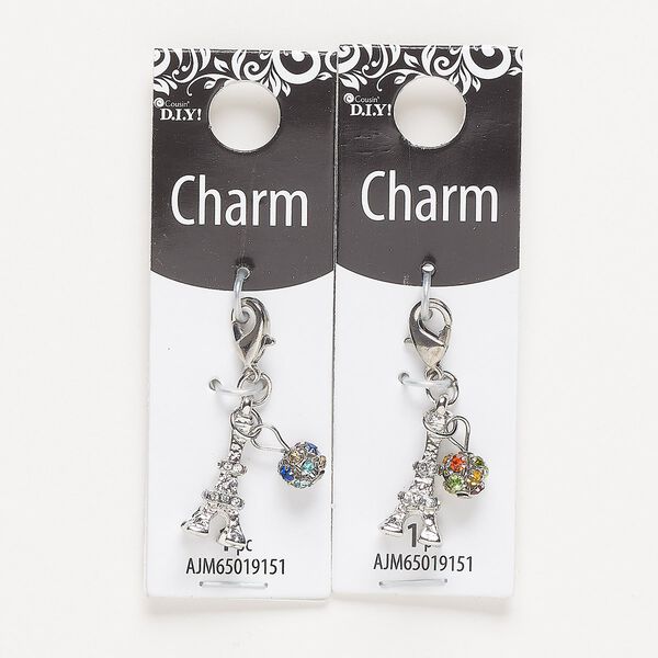 Charm, silver-finished "pewter" (zinc-based alloy) / steel / glass, multicolored, 18x9mm 3D Eiffel tower with 6mm ball and lobster claw clasp. Sold per pkg of 2. image number 0