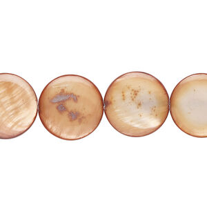 Mother-of-pearl shell 1pkg1, puffed flat round bead 15 inch burnt sienna 13-14mm
