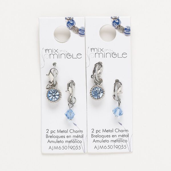 Drop, silver-finished "pewter" (zinc-based alloy) / steel / glass, light blue, 22x7mm single-sided and 24x9mm single-sided with lobster claw clasp. Sold per pkg of (2) 2-piece sets. image number 0