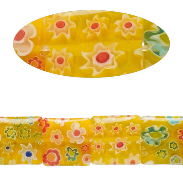 Bead, millefiori glass, translucent yellow and multicolored, 11mm-13x12mm puffed square with flower design. Sold per 14-inch strand. image number 0