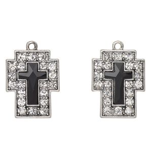 Drop, antique silver-finished "pewter" (zinc-based alloy) and glass, clear and black, 25x19mm cross. Sold per pkg of 2.