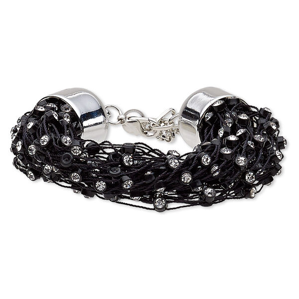 Bracelet, glass rhinestone / acrylic / nylon / silver-coated plastic / silver-finished steel, black and clear, 20mm wide, 6-1/2 inches with 2-1/4 inch extender chain and lobster claw clasp. Sold individually. image number 0