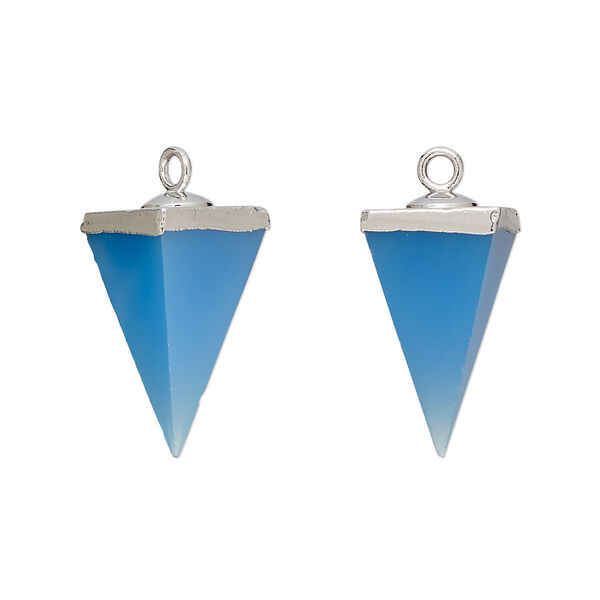 Drop, silver-plated blue chalcedony (dyed) and electroplated sterling silver, 19x9mm-20x10mm hand-cut 3D 4-sided point, Mohs hardness 6-1/2 to 7. Sold individually. image number 0