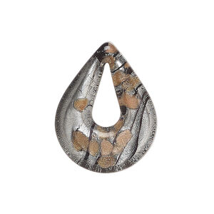 Drop, lampworked glass 1pkg1, opaque black and clear with copper-colored glitter and silver-colored foil, 27x21mm-28x21mm undrilled single-sided teardrop go-go.