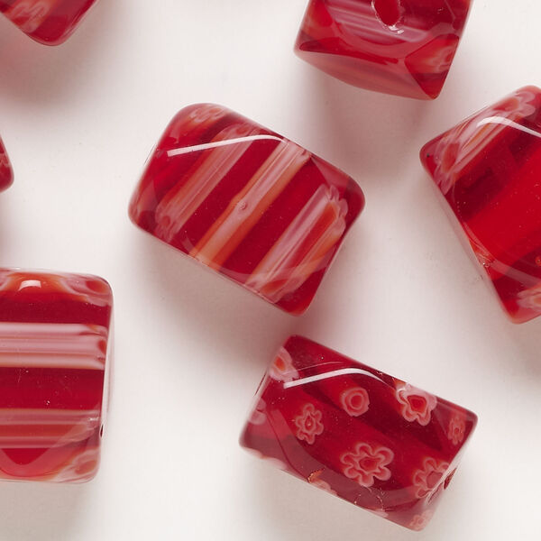 Bead, millefiori glass 1pkg2oz, translucent red and white, 16x10mm-18x13mm 4-sided rectangle. image number 1