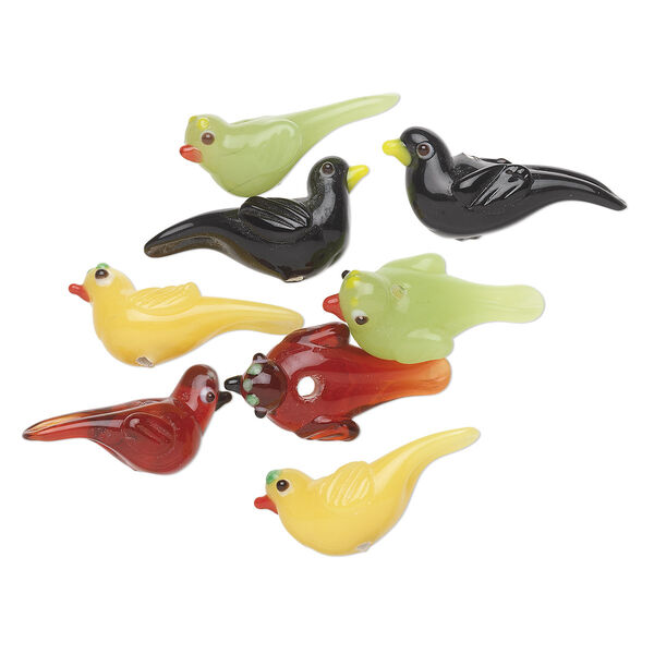 Bead mix, lampworked glass, multicolored, 25x13mm bird. Sold per pkg of 8. image number 0