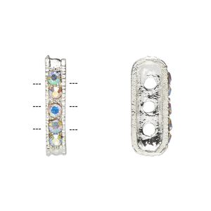 Spacer bar, Egyptian glass rhinestone and imitation rhodium-plated pewter (tin-based alloy), clear AB, 18x3mm 3-strand rectangle, fits up to 3.5mm bead. Sold per pkg of 12.