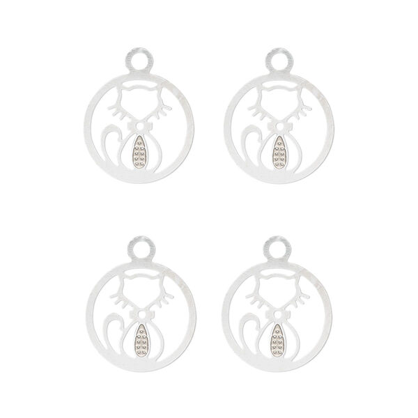 Drop, Lazer Lace™, stainless steel, 12mm two-sided flat round with cutout cat. Sold per pkg of 4. image number 0