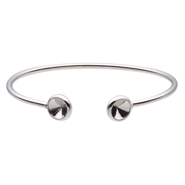 Bracelet, Almost Instant Jewelry®, cuff, imitation rhodium-finished brass, 11mm wide with (2) SS39 rivoli glue-in settings, 7-1/2 inches. Sold individually. image number 0