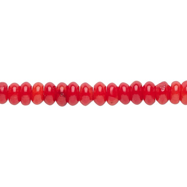 Bead, bamboo coral (dyed), red, 6x3mm hand-cut rondelle, B- grade, Mohs hardness 3-1/2 to 4. Sold per 15-1/2" to 16" strand. image number 0
