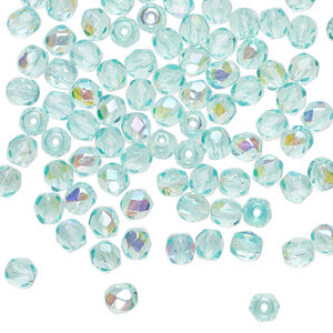 Bead, Czech fire-polished glass 1pkg1200, translucent light aqua AB, 4mm faceted round.