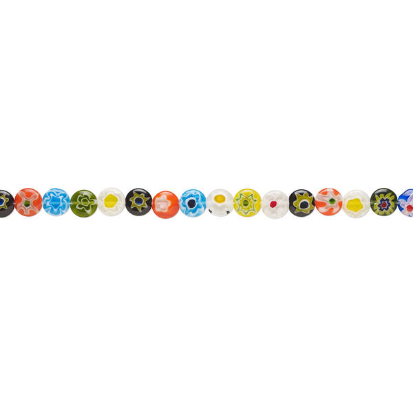Bead, millefiori glass, opaque and translucent multicolored, 13-14mm puffed flat round. Sold per 14-inch strand. image number 1