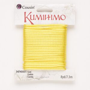 Cord, satin, yellow, 2mm round. Sold per 8-yard pkg.