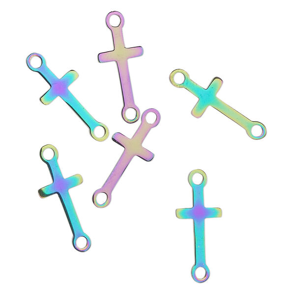 Link, electro-coated stainless steel, rainbow, 15x8mm double-sided cross. Sold per pkg of 6. image number 0