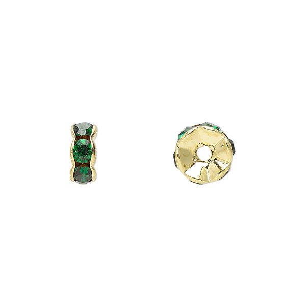 Bead, glass rhinestone and gold-finished brass, emerald green, 7x3mm rondelle. Sold per pkg of 10. image number 0