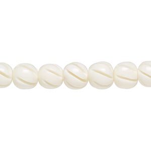 Bead, bone (bleached), white, 8mm spiral round, Mohs hardness 2-1/2. Sold per 15-1/2" to 16" strand.