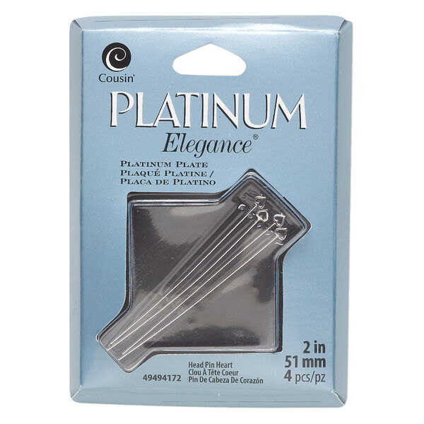 Head pin, platinum-plated copper, 2 inches with 3.5x3mm heart, 23 gauge. Sold per pkg of 4. image number 0