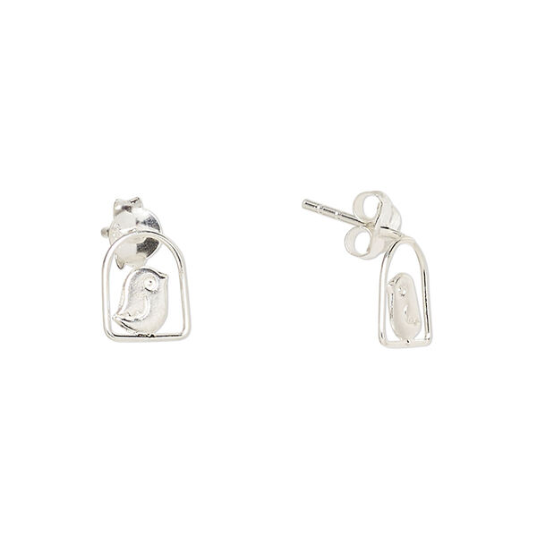 Earstud, Create Compliments®, sterling silver, 9x7.5mm bird in cage. Sold per pair. image number 0