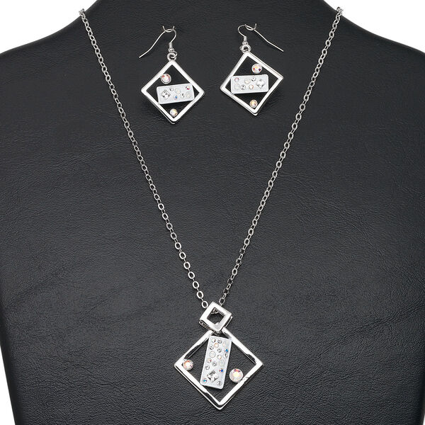 Necklace and earring set, imitation rhodium-finished "pewter" (zinc-based alloy) and brass / epoxy / Austrian crystal / white opal (synthetic), white and clear AB, 40x40mm openwork diamond, 17-1/2 inches with lobster claw clasp and 3-inch extender chain, 48x29mm earrings with fishhook ear wire. Sold per set. image number 0