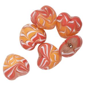 Bead, glass, translucent matte red / orange / multicolored, 23x20mm-25x23mm puffed heart. Sold per pkg of 6.