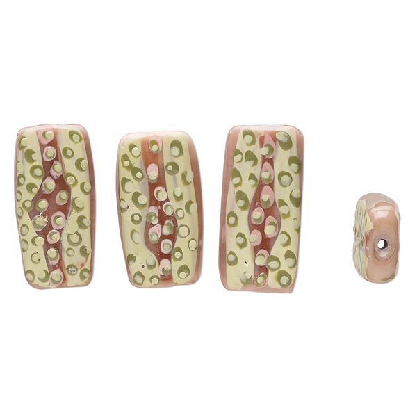 Bead, lampworked glass, opaque brown / light green / green, 32x16mm-35x17mm bumpy flat rectangle. Sold per pkg of 4. image number 0
