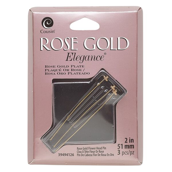 Head pin, rose gold-plated copper and lacquer, 2 inches with 4mm flower, 23-gauge. Sold per pkg of 3. image number 0