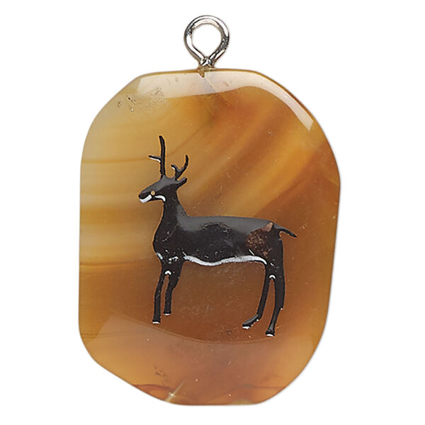 Focal, red agate (dyed / heated) / enamel / silver-finished steel, medium to dark and black, 32x25mm-40x30mm puffed freeform with deer, B- grade, Mohs hardness 6-1/2 to 7. Sold individually. image number 0